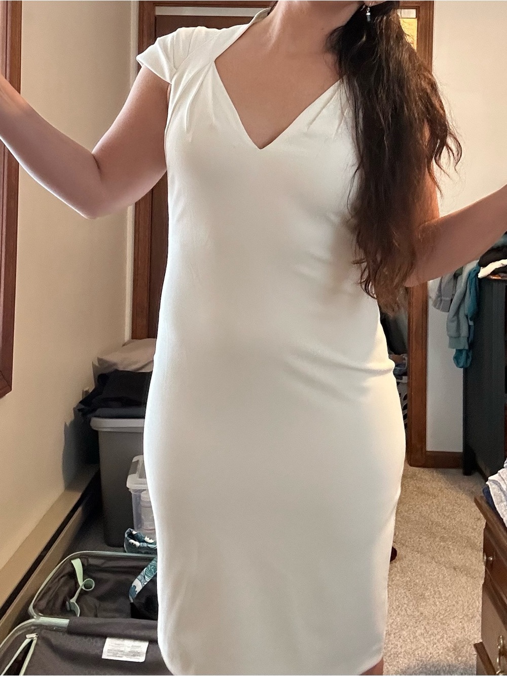Badgley Mischka Ivory V-Neck Cap Sleeve Sheath Dress